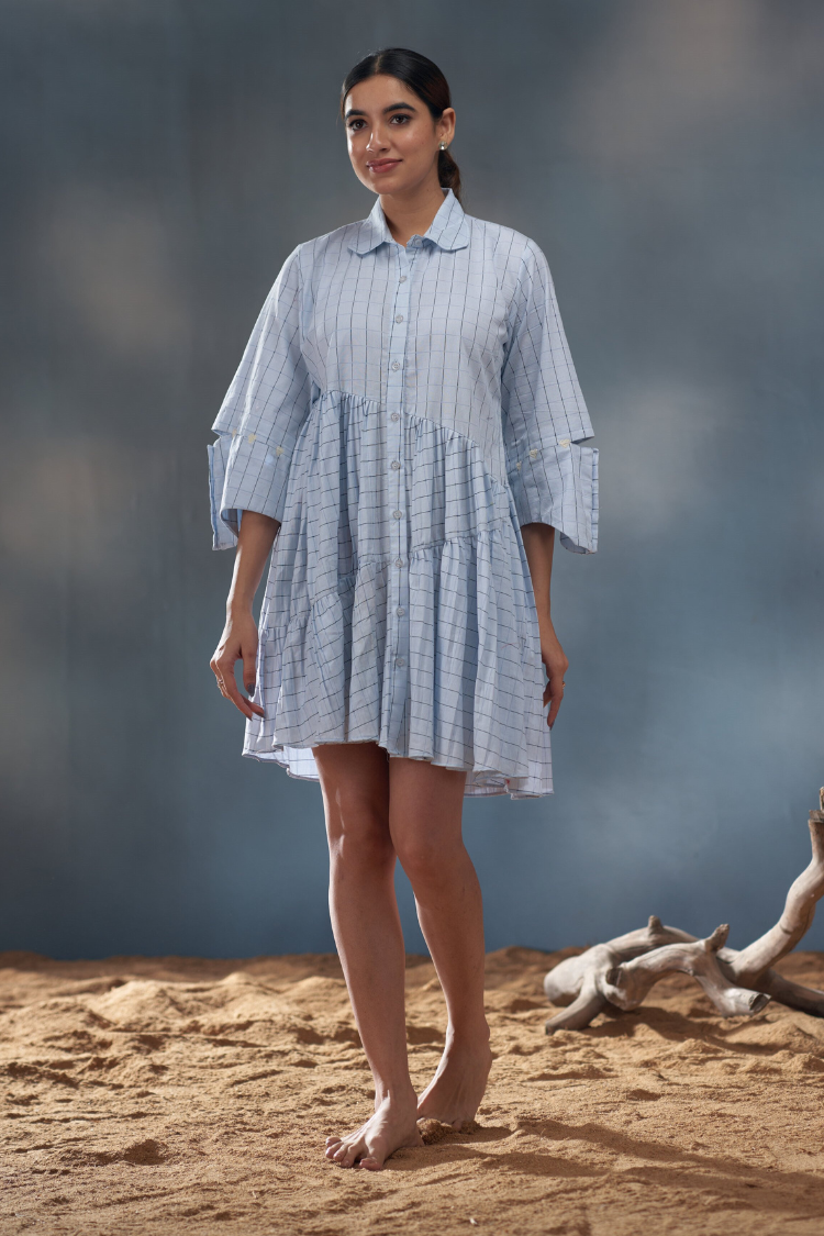 Light blue thin line short button dress