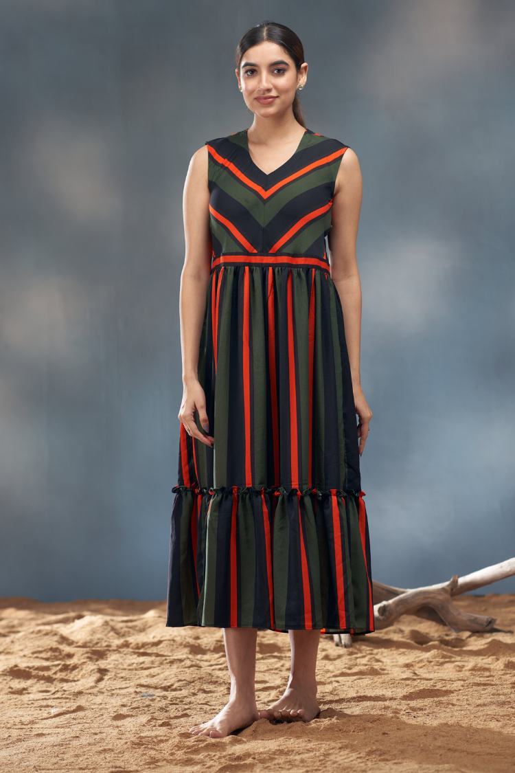 Olive green,black, orage stripe dress