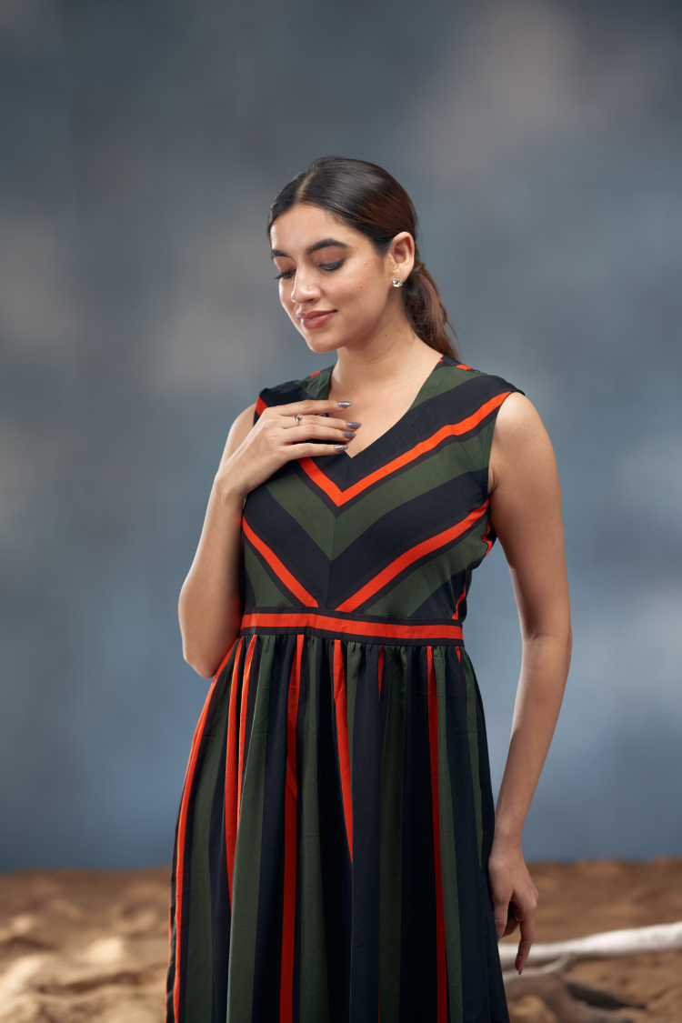 Olive green,black, orage stripe dress